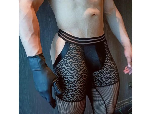 Gay Pantyhose | Transparent Mesh Leopard Open Butt Knee Length Pantyhose Fashion - Image 4